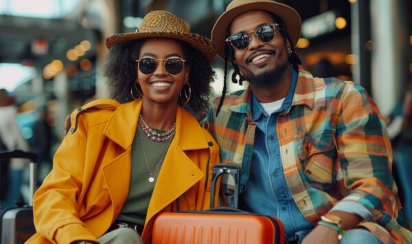 Couple Standing Together A man and a woman standing next to each other in a casual pose, looking towards the camera.